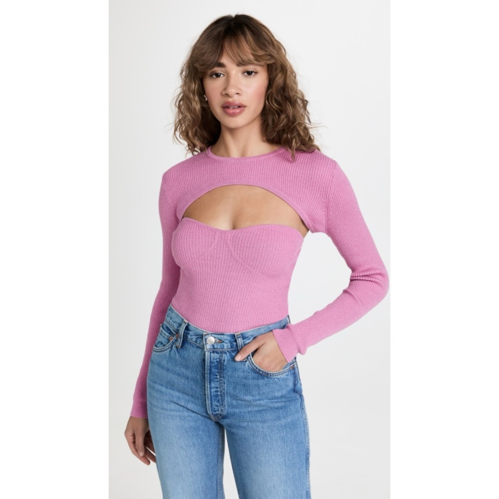 WAYF Matilda Strapless Sweater Set Pink Knit Long Sleeve Cut Out Two Piece Set